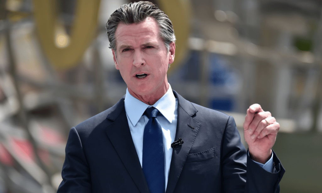 California governor Gavin Newsom gestures with one hand as he speaks to a crowd off camera