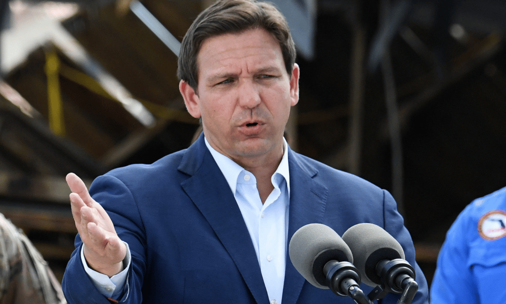 Florida governor Ron DeSantis speaks into a microphone and gestures with one hand in the air