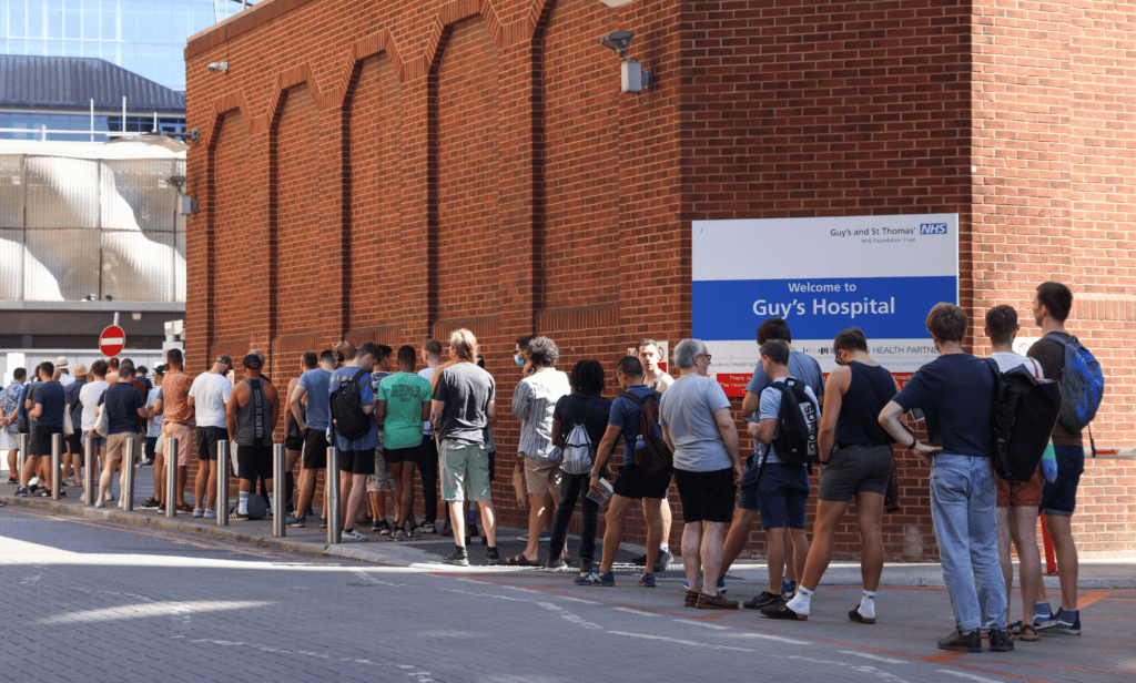 People line up to receive monkeypox vaccinations at Guys Hospital in London
