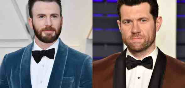 Billy Eichner wearing a tuxedo on the right and Chris Evans on the left