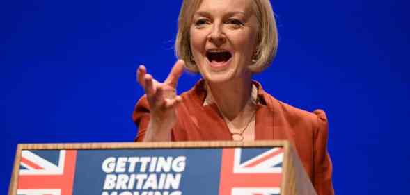 Britain's Prime Minister Liz Truss delivers her keynote address on the final day of the annual Conservative Party Conference.