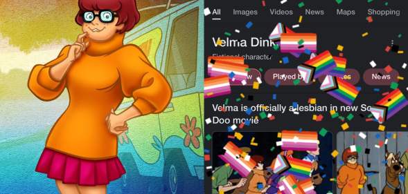 A split-screen image showing Scooby-Doo character Velma Dinkley next to a screenshot from a Google search of Velma with Pride and confetti graphics falling down