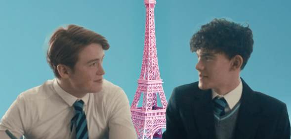 A graphic image shows actors Kit Connor and Joe Locke superimposed in front of a pink image of the Eiffel Tower