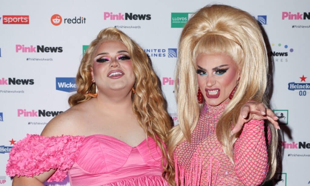 Drag Race UK Kitty Scott Claus (L) and Ella Vaday (R) talk about attacks on Drag Queen Story Hour at the 2022 PinkNews Awards. (PinkNews)