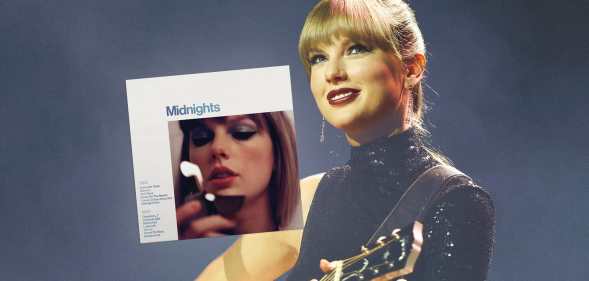 Taylor playing guitar, with her Midnights album cover