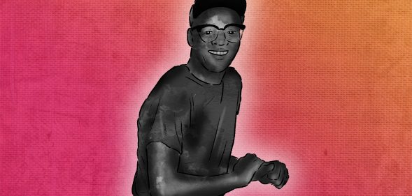 An illustration of Tony Hughes on a pink and orange ombre background