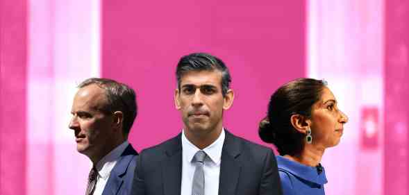 Rishi Sunak pictured against a pink edited background showing 10 Downing Street with Suella Braverman to his right and Dominic Raab to his left.