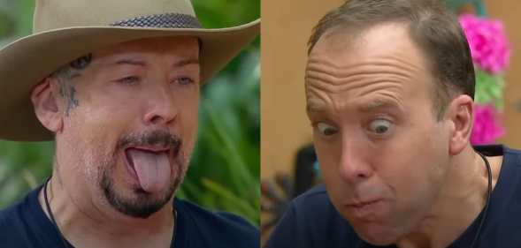 Side-by-side screenshots of Boy George and Matt Hancock making disgusted faces