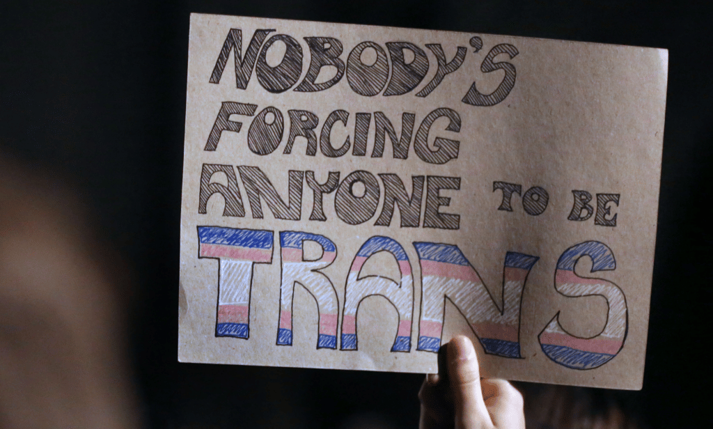 A protestor holds up a sign reading 'Nobody's forcing anyone to be trans'