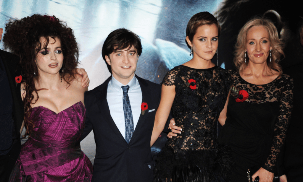 Harry Potter stars Helena Bonham Carter, Daniel Radcliffe and Emma Watson are pictured at a movie premiere alongside author JK Rowling
