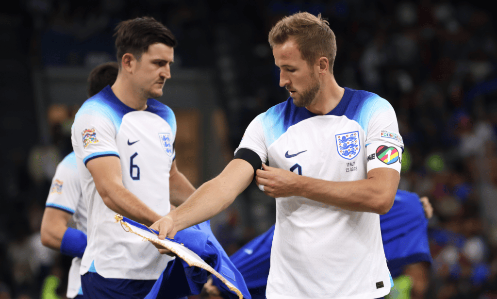 English footballer Harry Kane wears a rainbow OneLove armband, which he promised to also wear at the World Cup in Qatar