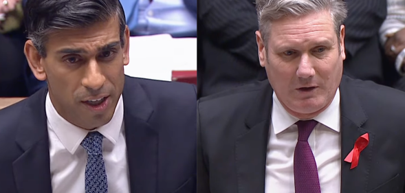 A side by side image of Rishi Sunak not wearing a World AIDs Day ribbon on the lapel of his jacket while, in the other image, Keir Starmer is wearing the symbol