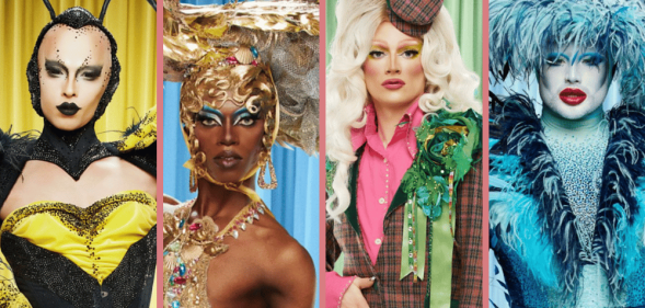 Drag Race UK finalists Cheddar Gorgeous, Black Peppa, Jonbers Blonde and Danny Beard in their promo photos.