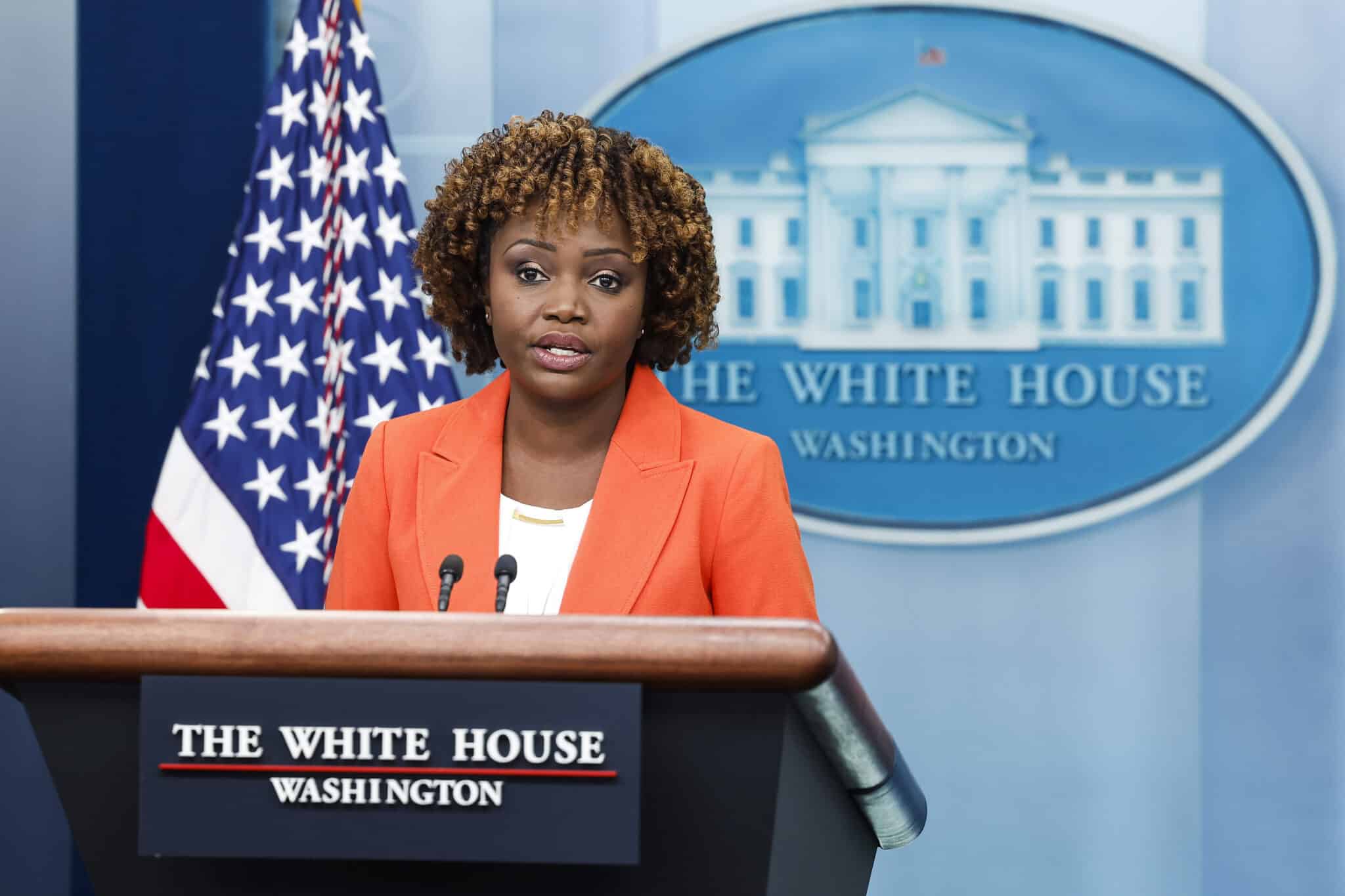 White House Press Secretary Karine Jean-Pierre speaks during a daily news briefing. 