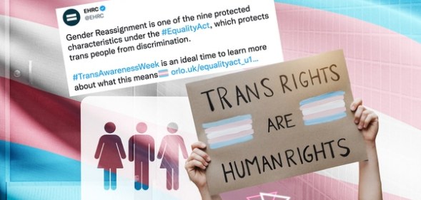 An image of the EHRC post next to a placard advocating for trans rights