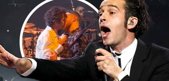 A graphic of Matty Healy performing and him kissing a male fan onstage