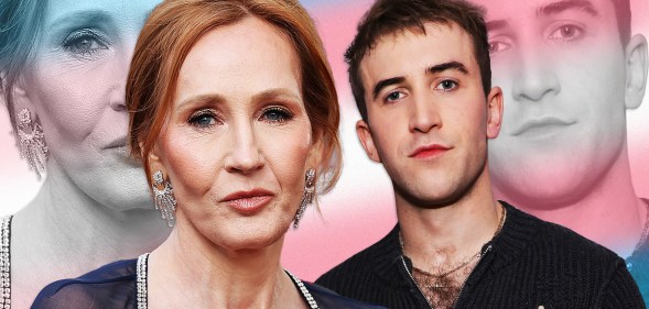 JK Rowling and It's A Sin star Callum Scott Howells standing side-by-side in front of a trans pride flag