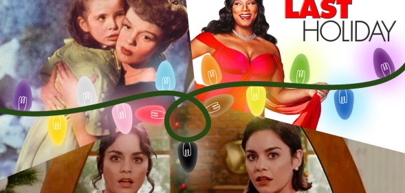 An edited image showing a still image of Judy Garland and Margaret O'Brien in Meet Me in St Louis in the top left hand corner. In the top right hand corner is a picture of Queen Latifah in Last Holiday, while Vanessa Hudgens playing two separate characters in The Princess Switch is pictured along the bottom half of the image. Colourful Christmas lights run through the middle of the image.