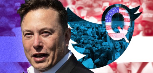 Elon Musk with a Twitter logo and QAnon symbol in the background