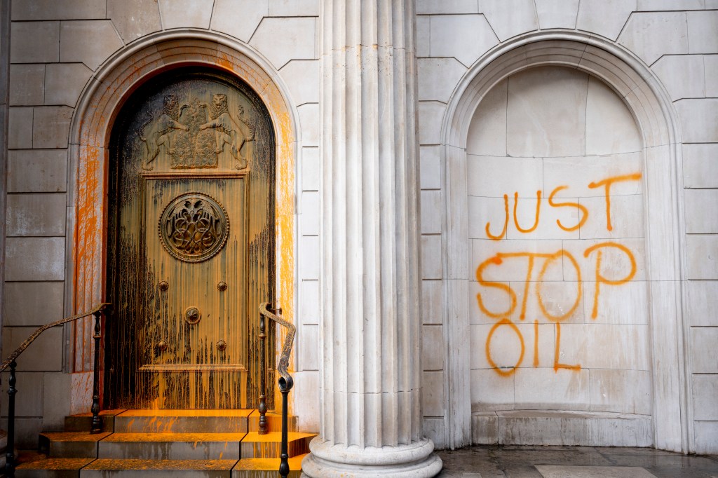 The Bank of England with graffiti that reads: Just Stop Oil
