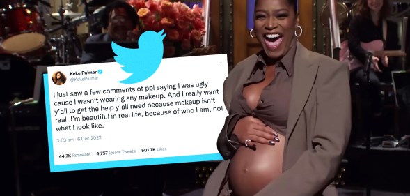 An image showing actor Keke Palmer dressed in a grey suit outfit showing her belly and laughing with a graphic of a Twitter post superimposed to the left of her