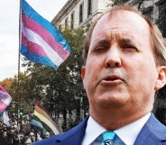 Texas attorney general Ken Paxton superimposed against a backdrop of LGBTQ+ activists