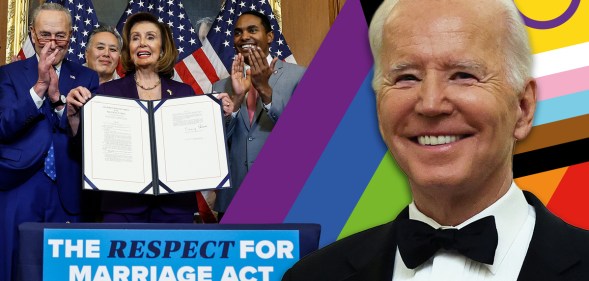 Joe Biden smiles in front of a Progress Pride flag, while a picture of Nancy Pelosi, surrouunded by lawmakers, holding the Respect for Marriage Act.