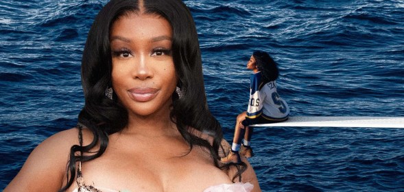 Collage of SZA smiling at the camera and SZA sitting on a diving board surrounded by ocean