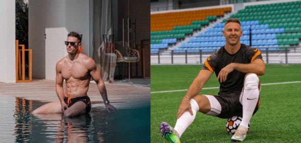 On the left, gay former footballer Thomas Beattie is pictured sitting by a swimming pool with his legs in the water. On the right, he's pictured on a football pitch wearing his kit and sitting on a football.