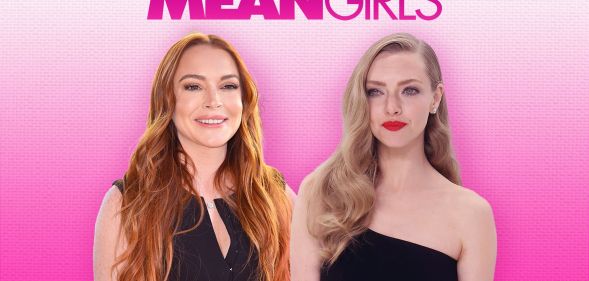 Actors Lindsay Lohan and Amanda Seyfried wearing black dresses on a pink background with the Mean Girls logo above them