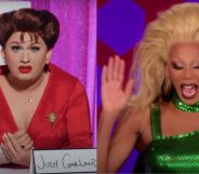 A screenshot from Drag Race shows drag queen Jinkx Monsoon's dressed as Judy Garland for her impression of the star on All Stars 7's snatch game, alongside a screenshot of RuPaul wearing a green dress laughing.