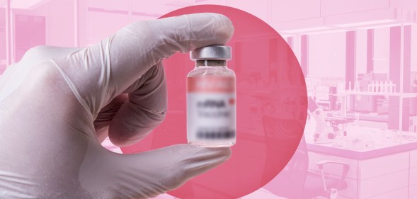 A stock image of a vaccine against a pink background