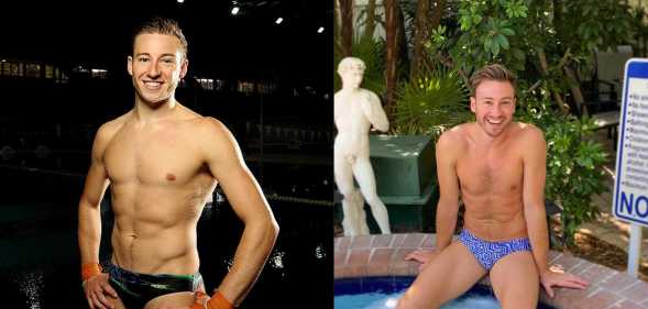 On the left, Matthew Mitcham is pictured wearing a Speedo at the 2012 London Olympics. On the right, he is pictured sitting by the side of a pool wearing a Speedo.