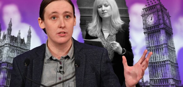 A graphic shows MP Mhairi Black speaking during an event, with a picture of MP Rosie Duffield in black and white photoshopped behind her. Also in the background is the Palace of Westminster with