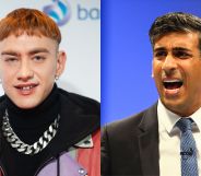 On the left: Olly Alexander in wearing a multicoloured jacket with black roll neck and silver chain against a grey background. On the left, Rishi Sunak talking.