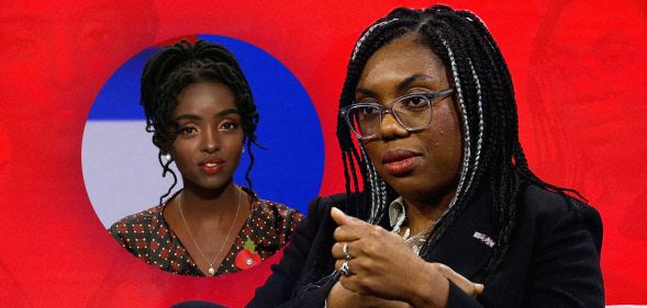 Conservative Party women and equalities minister Kemi Badenoch superimposed with image of anti-trans JK Rowling fan and ex-GB News host Mercy Muroki on a red background