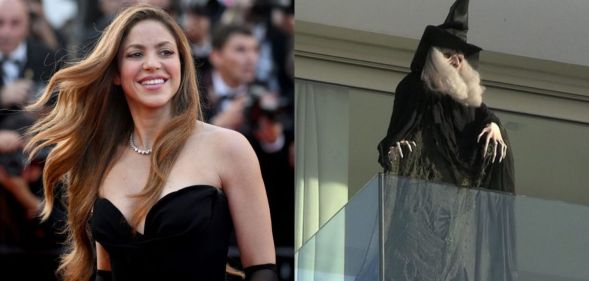 On the left, Shakira is pictured wearing a plunging black gown at a film festival in 2022. On the right is a picture of a witch mannequin that's been spotted on the singer's balcony in her Barcelona home.