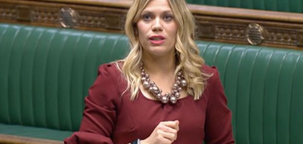 Tory MP Miriam Cates wears a red dress as she addresses the House of Commons after the UK government blocked Scotland's Gender Recognition Reform bill from passing into law