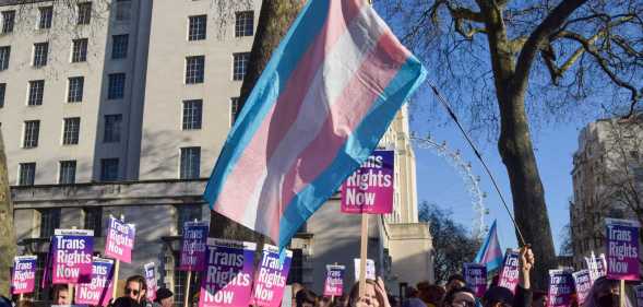 Trans rights protest with trans flag