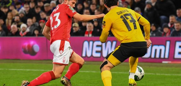 Remo Freuler of Nottingham Forest battles with Gonalo Guedes of Wolverhampton Wanderers during the Carabao Cup Quarter Final match between Nottingham Forest and Wolverhampton Wanderers at the City Ground, Nottingham on Wednesday 11th January 2023