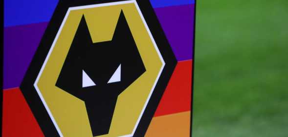 he Wolverhampton Wanderers crest is seen on Stonewall Rainbow Laces campaigning on the ball plinth