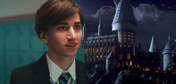 Collage of Sebastian in school uniform (from Heartstopper) and the Hogwarts castle