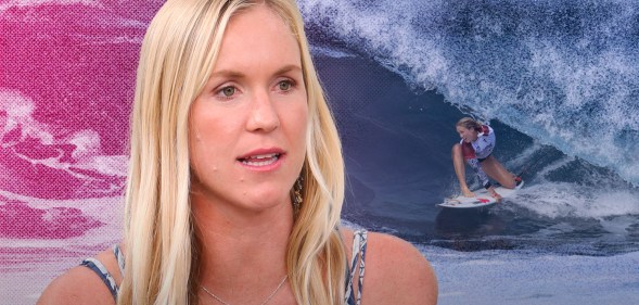 A graphic showing a cut-out image of pro surfer Bethany Hamilton set against another image of her surfing in the background with a pink tint showing across the left side of the picture