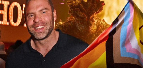 This image features stuntman Adam Basil with the progress pride flag, against a background still of The Last of Us' 'Bloater' monster.