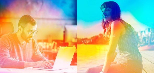 On the left side, a man is working at his computer and on the other side a woman is enjoying a sunny day at the beach.