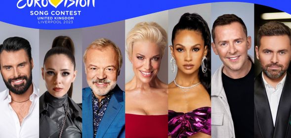 A promotional image of the 2023 Eurovision hosts. From the left, this image shows Rylan, Ukrainian singer Julia Sanina, Graham Norton, Hannah Waddingham, Alesha Dixon, Scott Mills and Ukranian presenter Timur Miroshnychenko.