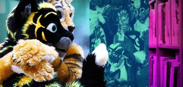 Two friends in full furry cosplay, in tiger costumes, hugging