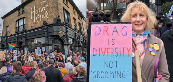 A counter-protest taking place outside The Honor Oak Pub in London after protesters targeted it over a drag storytime event