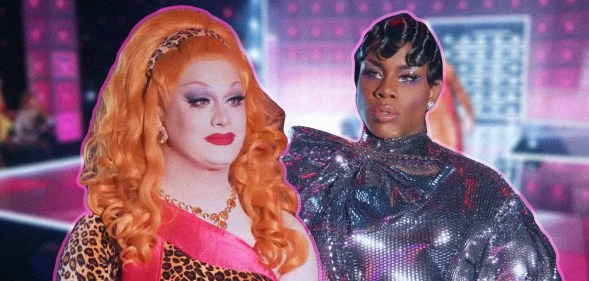 A graphic showing cut-out images of drag queen Jinkx Monsoon on the left wearing a orange wig and leopard print dress over a pink top with the right side of the picture showing an image of drag queen Monét X Change wearing a shiny silver outfit