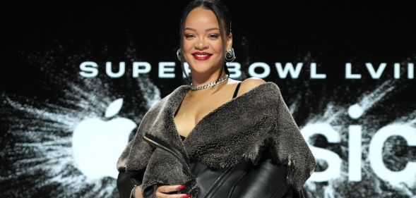 Rihanna smiles at the Apple Music Super Bowl LVII Halftime Show - Press Conference